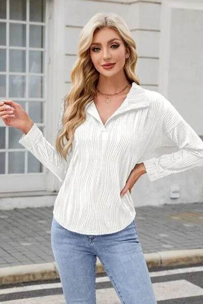 Texture Collared Neck Long Sleeve Blouse - Bona Fide Fashion