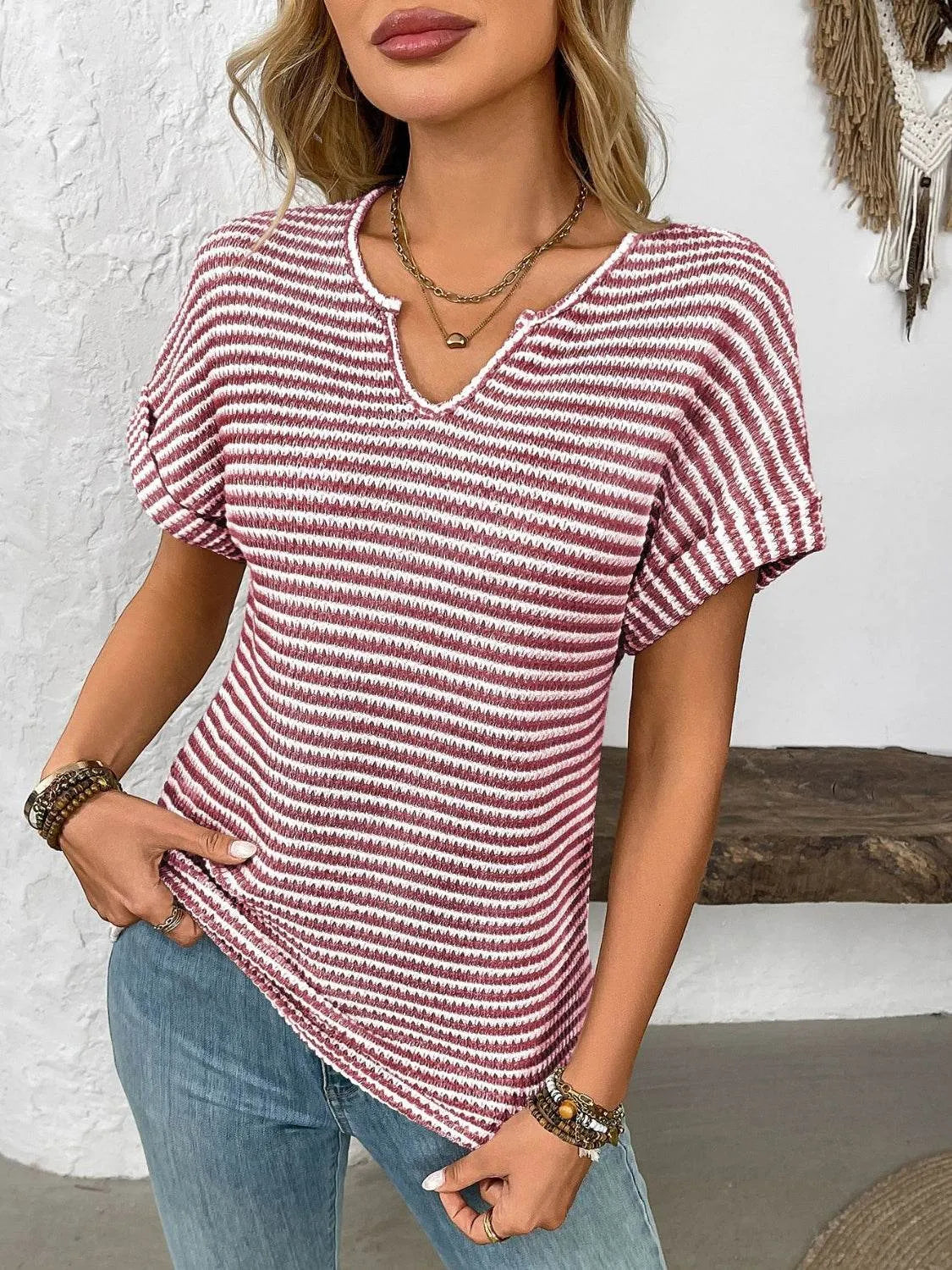 Striped Notched Short Sleeve T-Shirt - Bona Fide Fashion