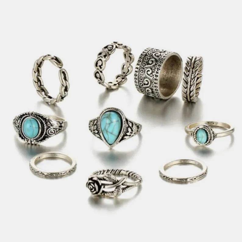 Artificial Turquoise Alloy Ring 10-Piece Set - Bona Fide Fashion