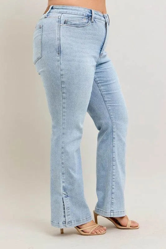 Judy Blue Full Size Tummy Control Vintage Wash Side Slit Slim Boot Jeans Plus Size - Bona Fide Fashion
