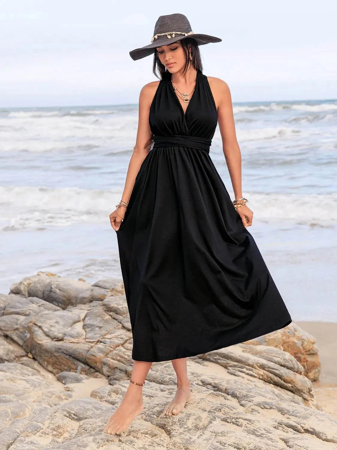 Surplice Sleeveless Ruched Midi Dress - Bona Fide Fashion
