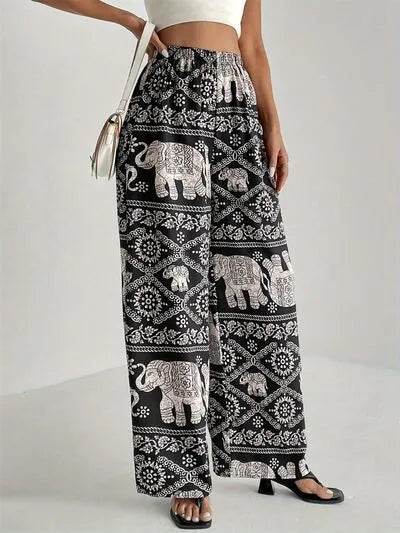 Printed Wide Leg Elastic Waist Pants - Bona Fide Fashion