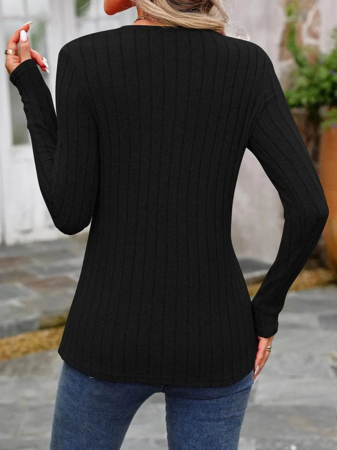 Decorative Button Round Neck Long Sleeve T-Shirt - Bona Fide Fashion