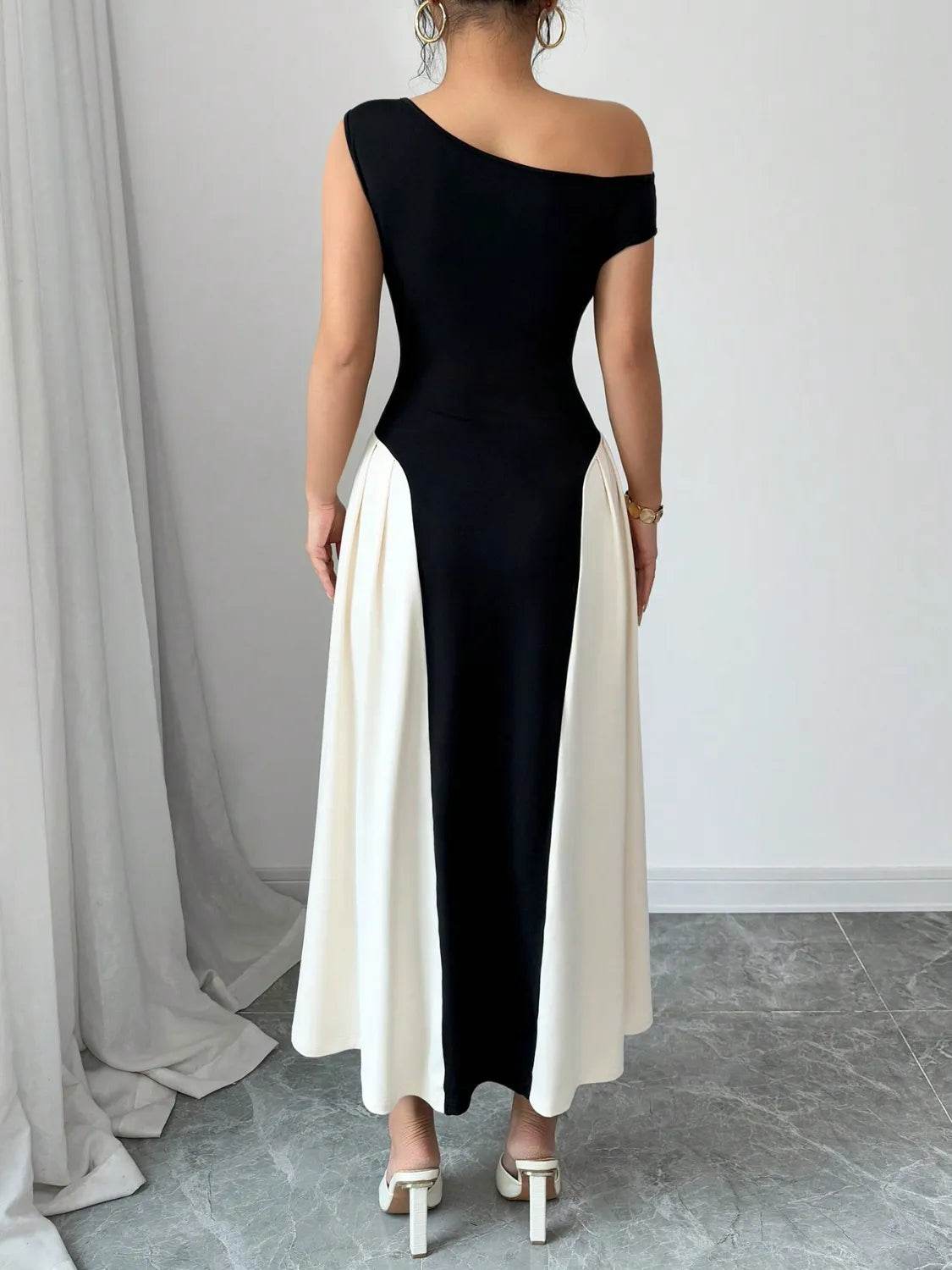 Contrast Single Shoulder Midi Dress - Bona Fide Fashion