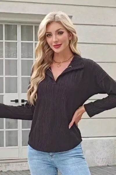 Texture Collared Neck Long Sleeve Blouse - Bona Fide Fashion