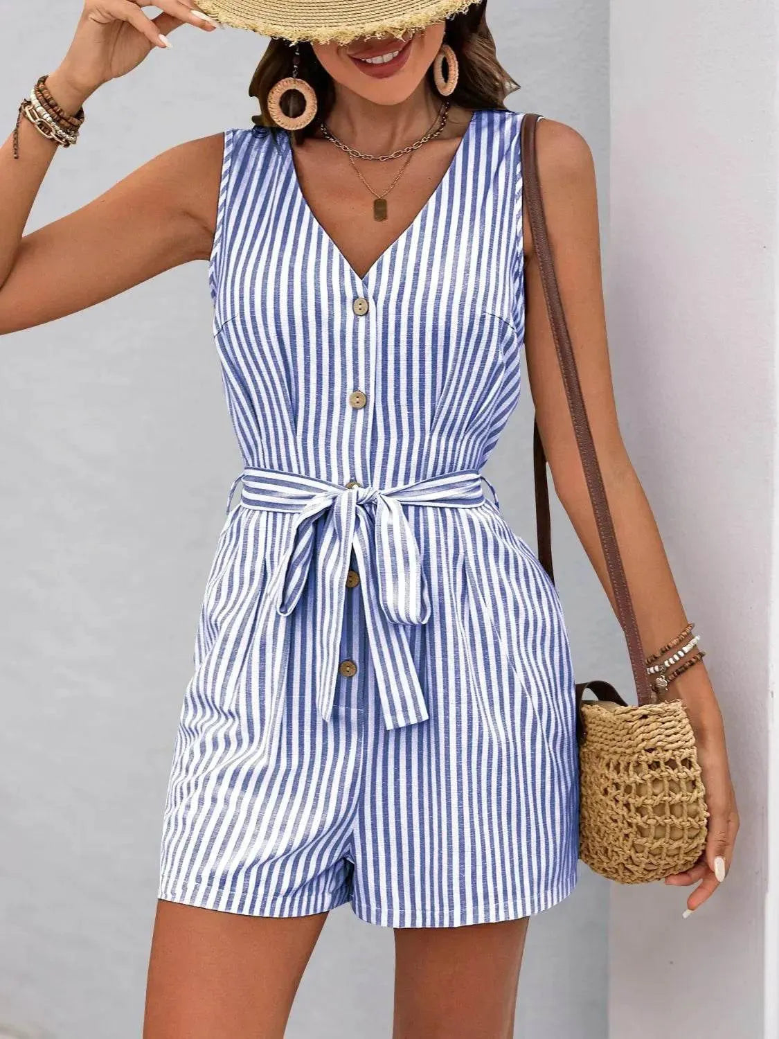Perfee Striped V-Neck Tie Waist Romper – Cute & Casual One-Piece Outfit for Women - Bona Fide Fashion