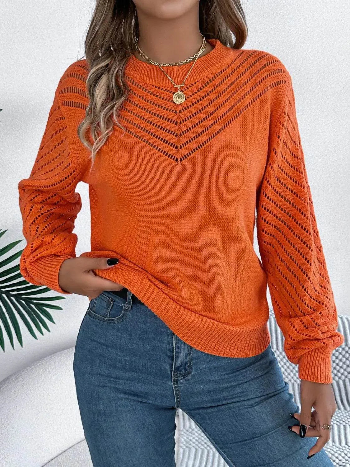 Openwork Round Neck Long Sleeve Knit Top - Bona Fide Fashion