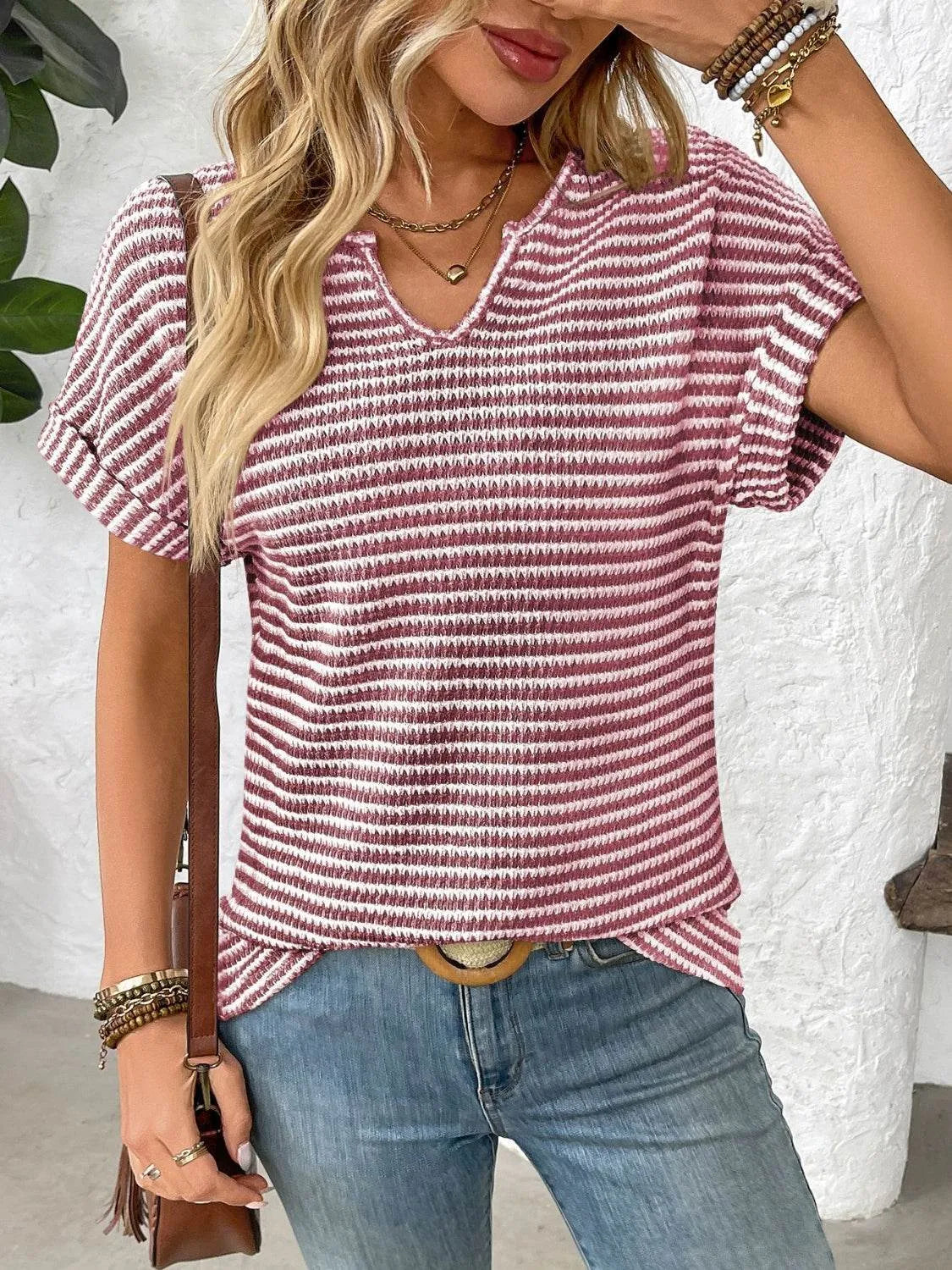 Striped Notched Short Sleeve T-Shirt - Bona Fide Fashion