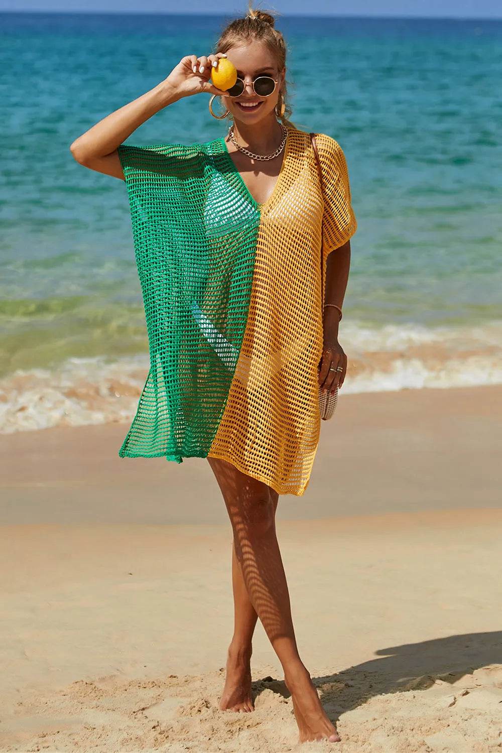 Angel Wings Openwork Contrast Slit Knit Cover Up - Bona Fide Fashion