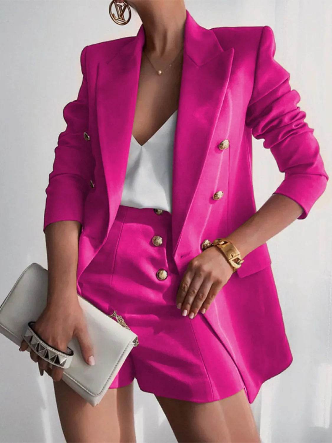 Lapel Collar Long Sleeve Blazer and Shorts Set - Bona Fide Fashion
