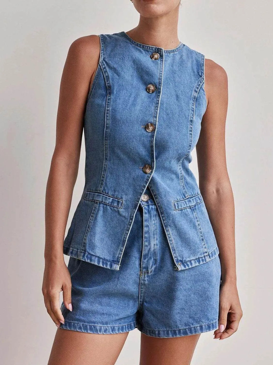 Button Down Vest and Shorts Denim Set - Bona Fide Fashion
