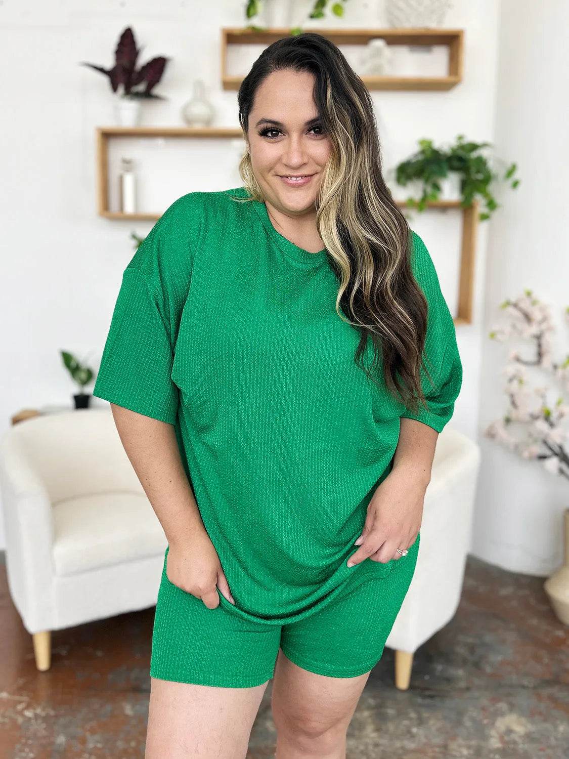 Double Take Full Size Texture Round Neck Drop Shoulder T-Shirt and Shorts Set - Bona Fide Fashion