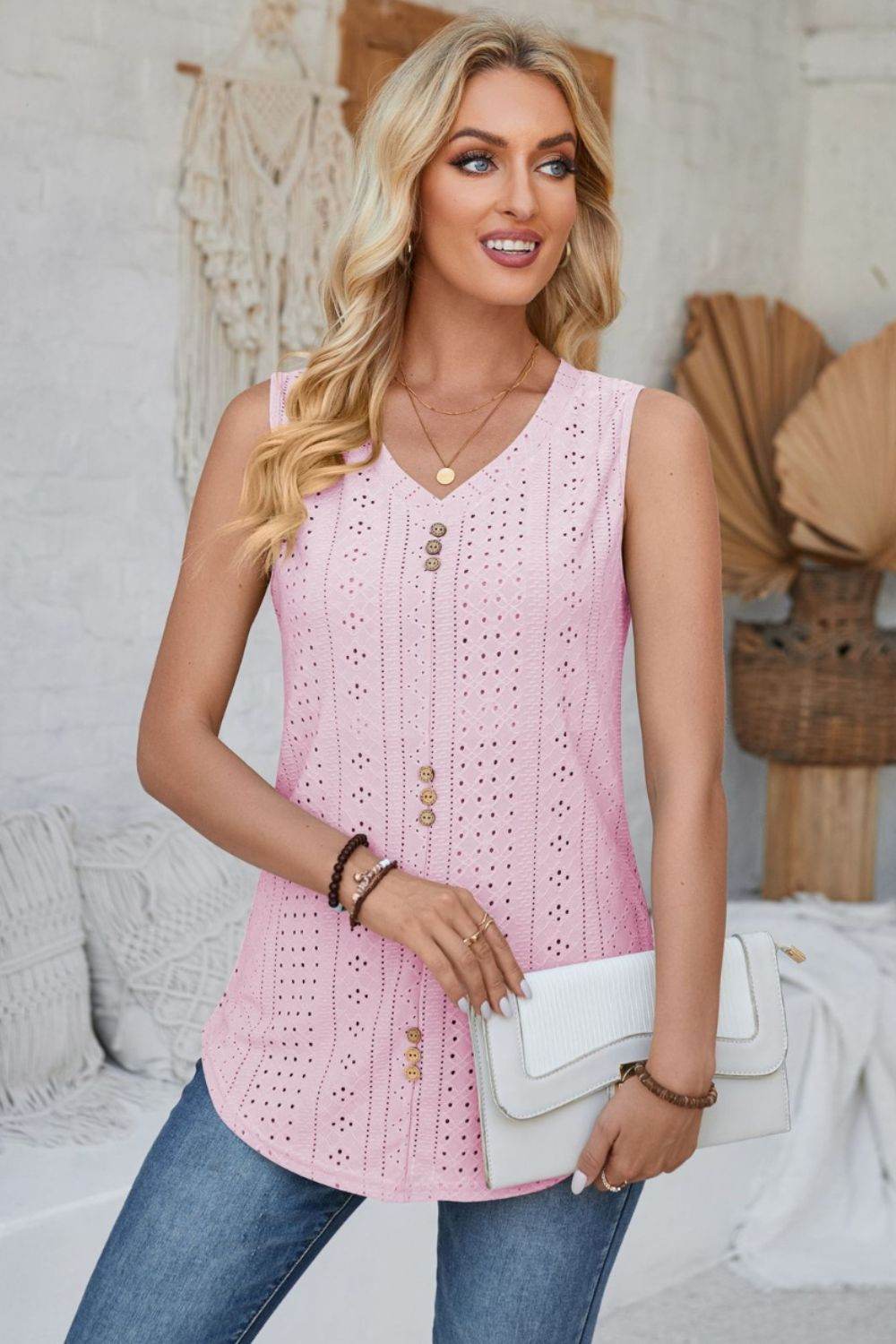 Eyelet Decorative Button V-Neck Tank - Bona Fide Fashion