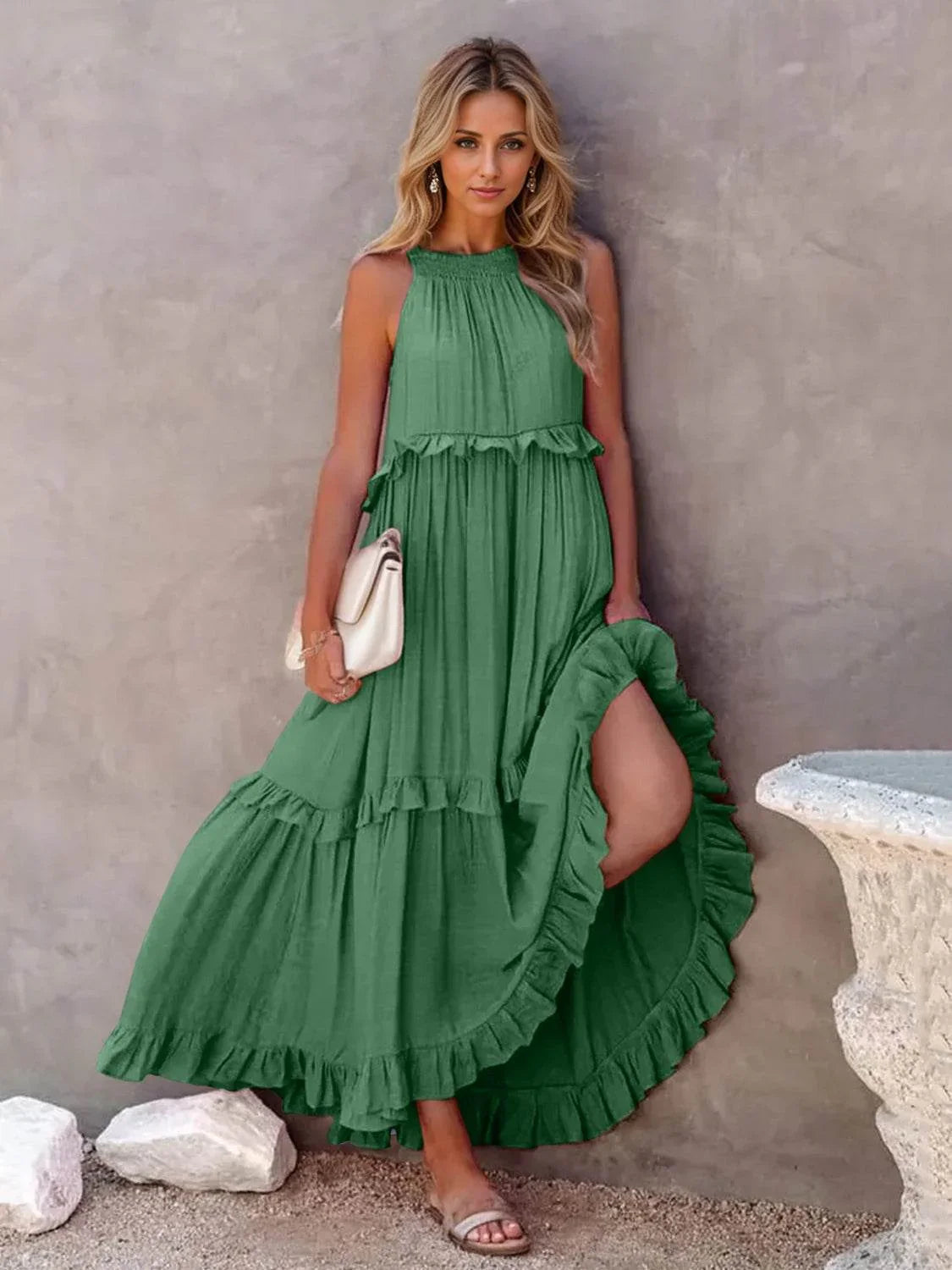 Ruffled Sleeveless Tiered Maxi Dress with Pockets - Bona Fide Fashion