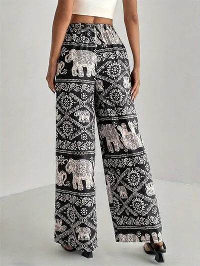 Printed Wide Leg Elastic Waist Pants - Bona Fide Fashion