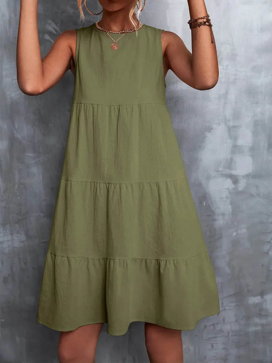 Tiered Round Neck Sleeveless Mini Tank Dress - Bona Fide Fashion