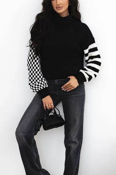Striped & Checkered Turtleneck Dropped Shoulder Sweater - Bona Fide Fashion
