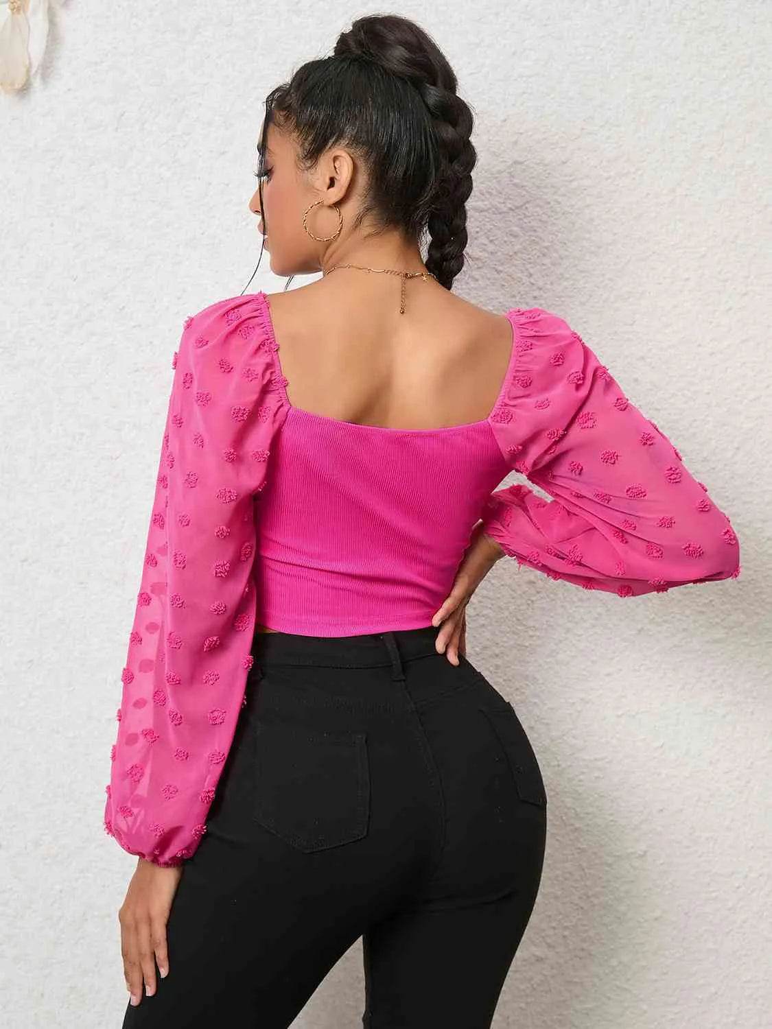 Swiss Dot Drawstring Cropped Blouse - Bona Fide Fashion