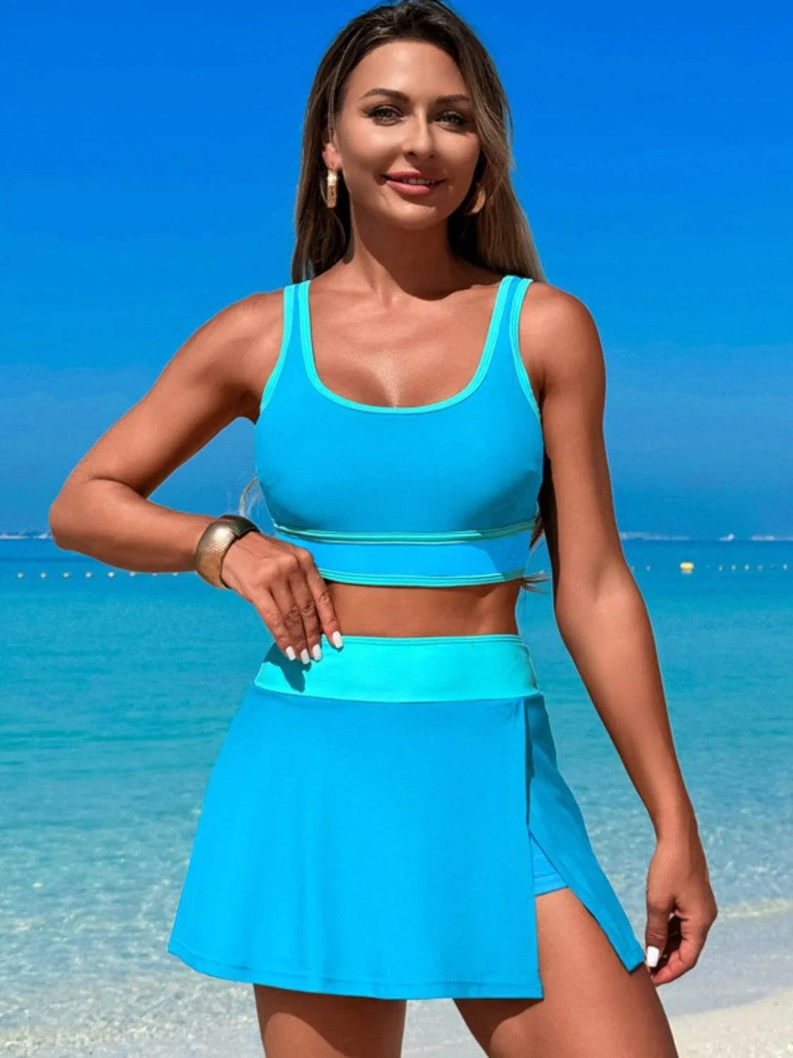 Scoop Neck Top and Skort Swim Set - Bona Fide Fashion