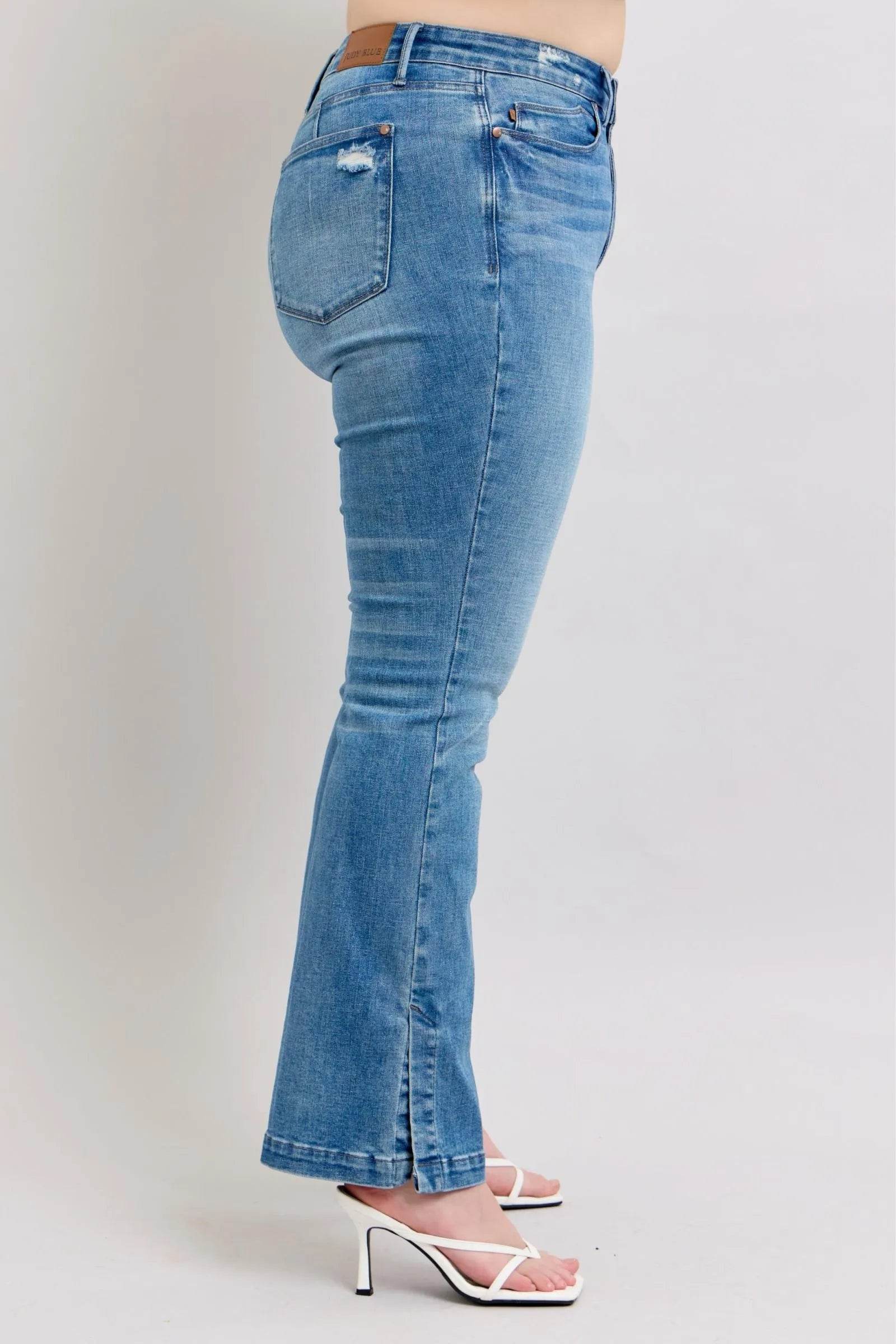 Judy Blue HW Tummy Control Vintage Wash Side Slit Slim Boot Jeans - Bona Fide Fashion