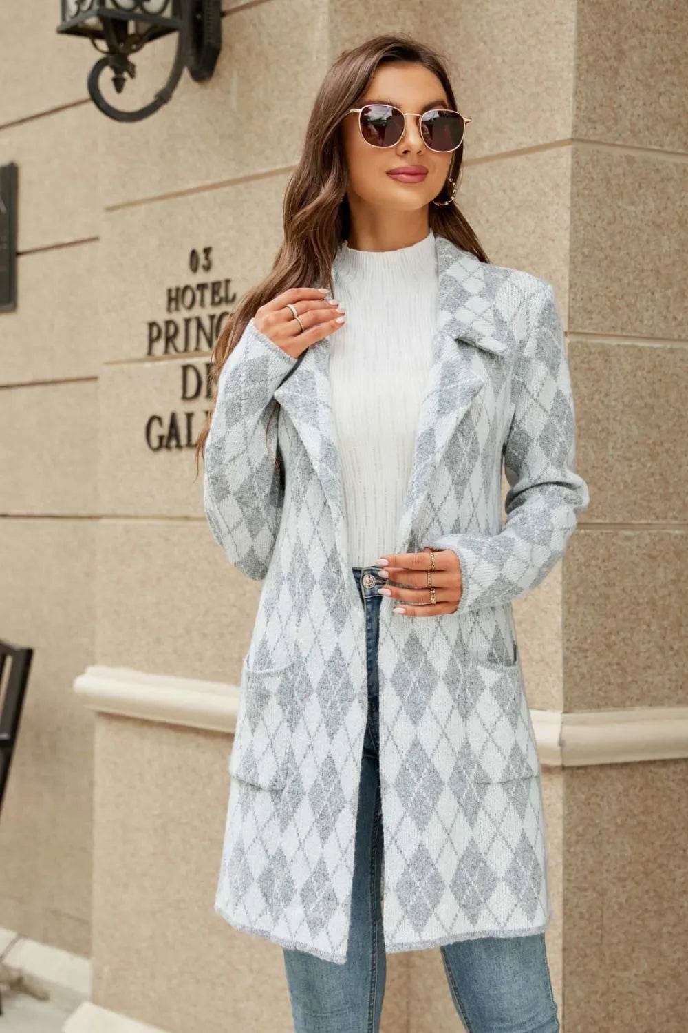 Printed Open Front Lapel Collar Cardigan with Pockets - Bona Fide Fashion