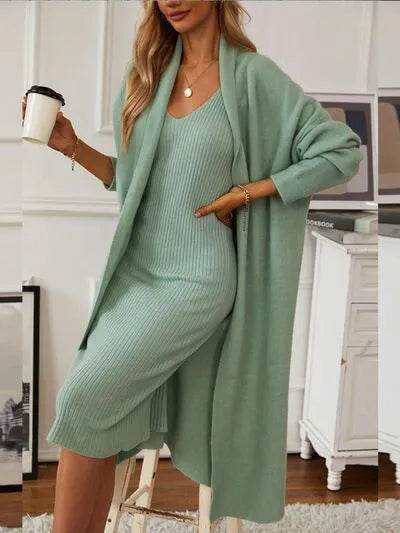 V-Neck Cami Dress and Open Front Cardigan Sweater Set - Bona Fide Fashion