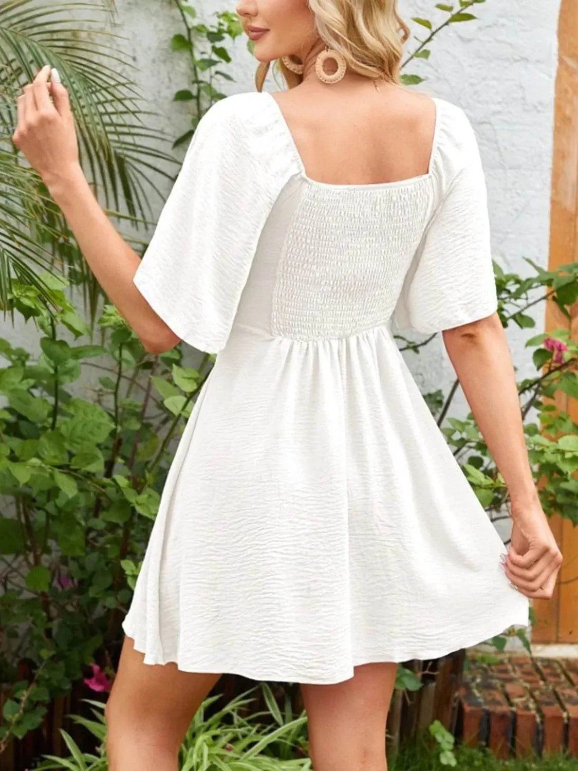 Smocked Back Knotted Flutter Sleeve Dress - Bona Fide Fashion