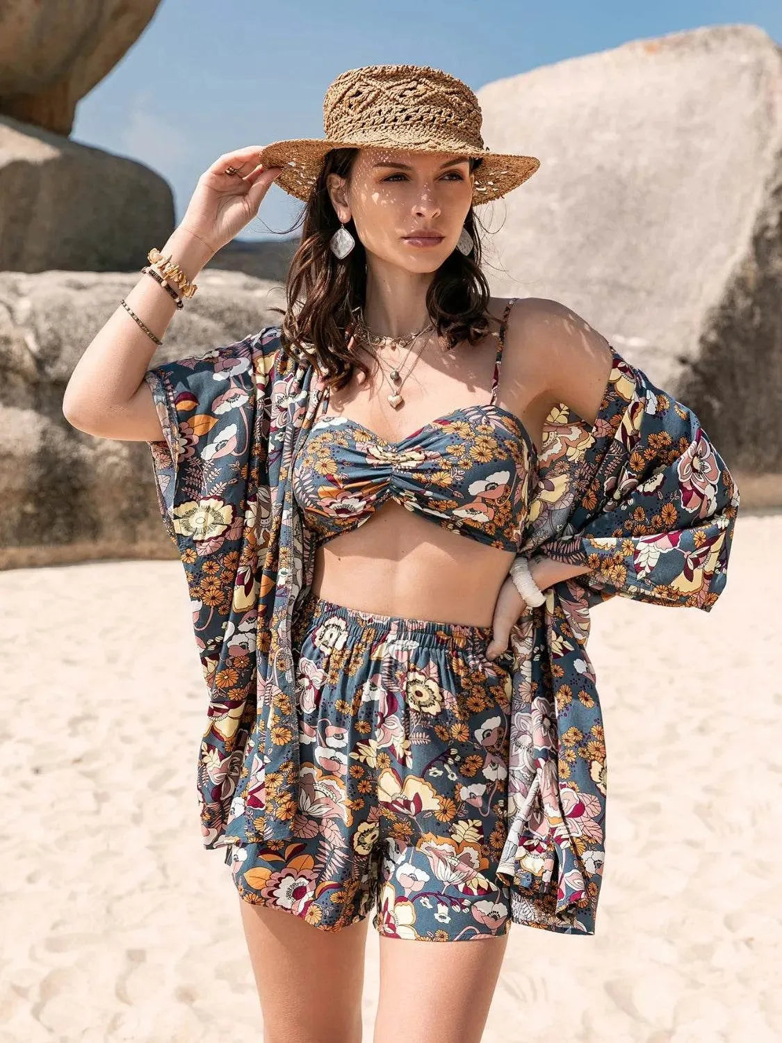 Printed Bra, Cover-Up, and Shorts Set – 3-Piece Beachwear Outfit for Women - Bona Fide Fashion