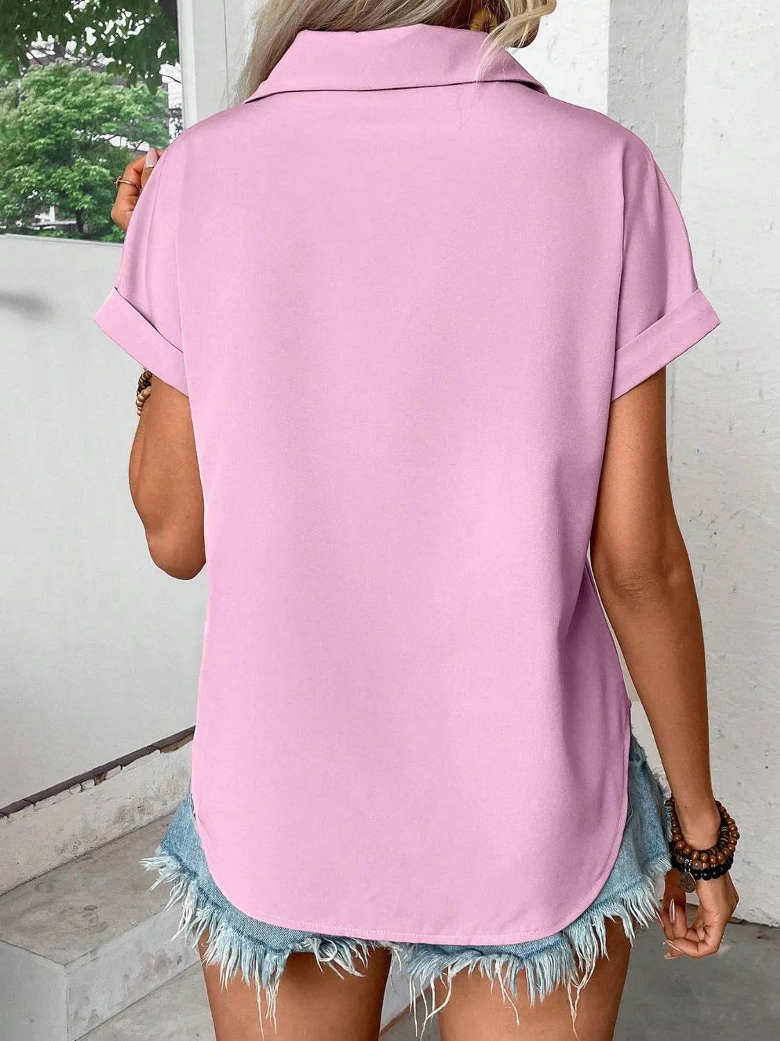 Pleated Detail Collared Neck Short Sleeve Shirt - Bona Fide Fashion