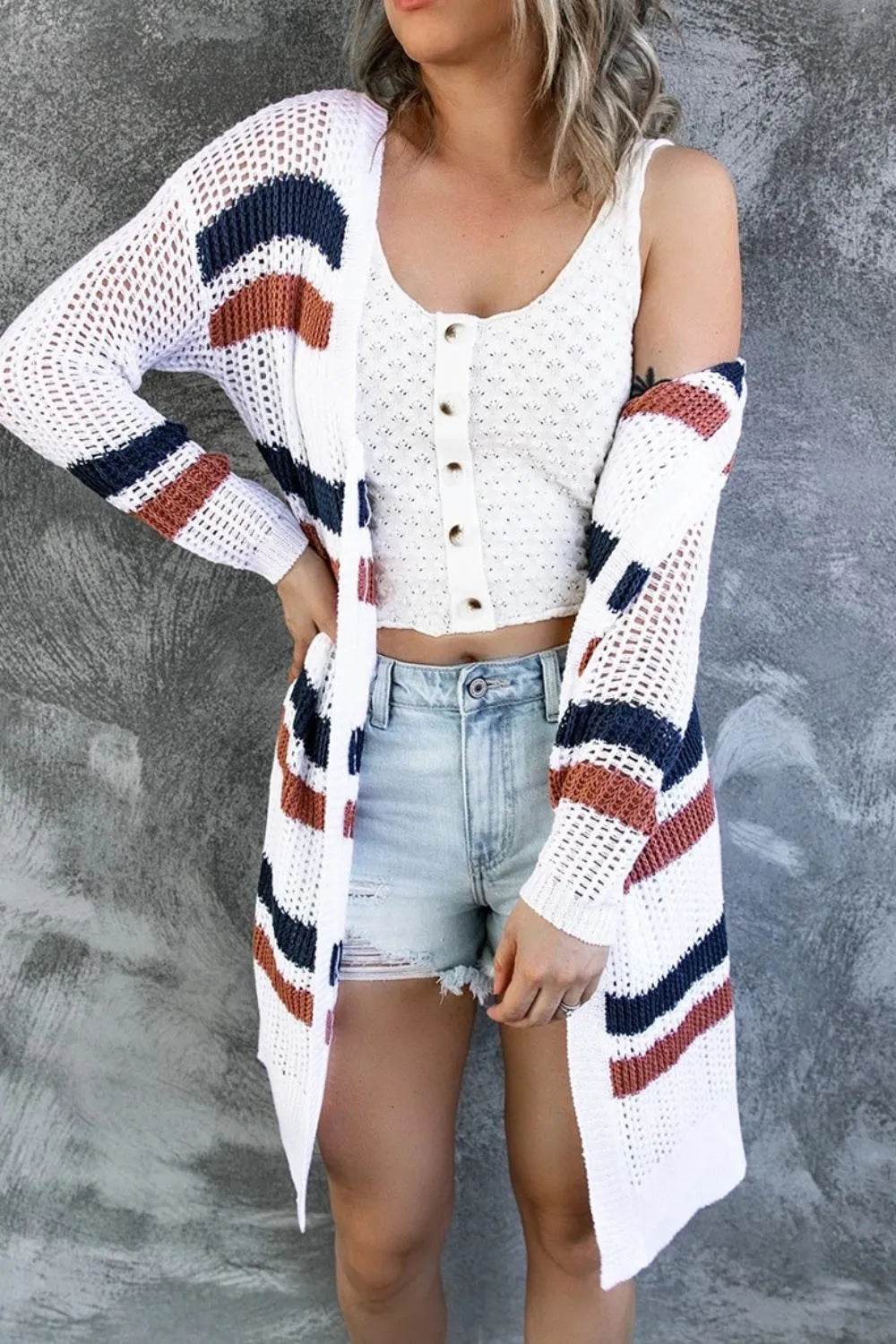 Contrast Openwork Open Front Long Sleeve Cardigan - Bona Fide Fashion