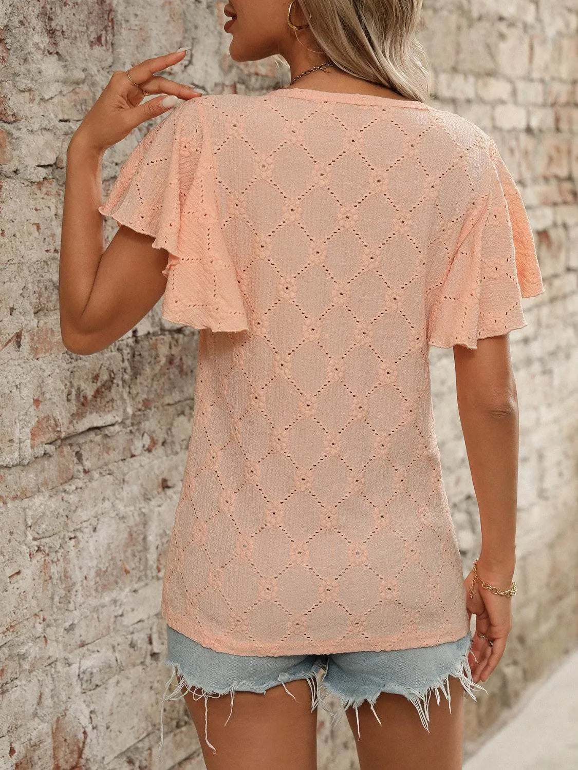 Eyelet Round Neck Flutter Sleeve Top - Bona Fide Fashion