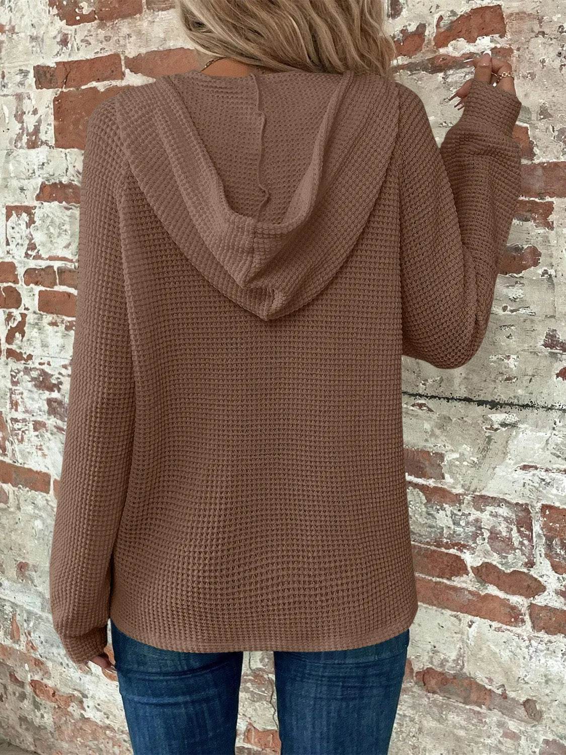 Waffle Knit Long Sleeve Drawstring Hooded Top - Bona Fide Fashion