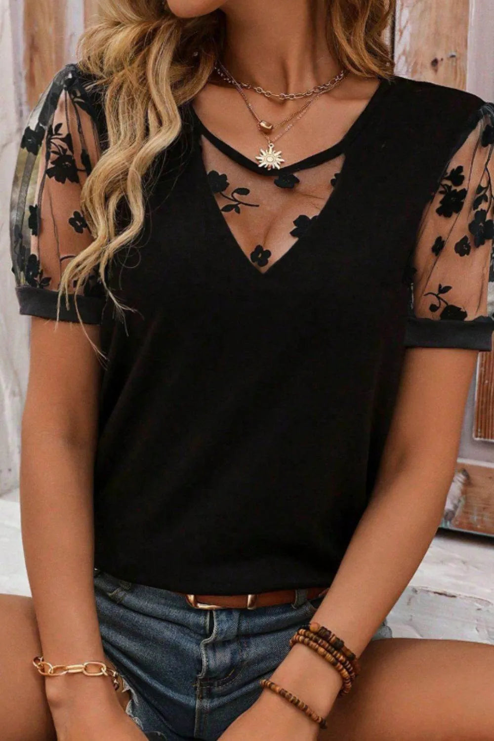 Flora Lace Patchwork Crew Neck Top - Bona Fide Fashion