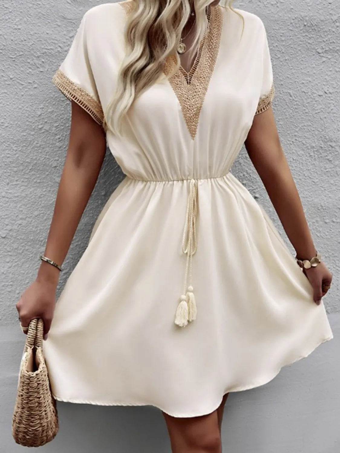 Full Size Tassel V-Neck Short Sleeve Dress Plus Size - Bona Fide Fashion