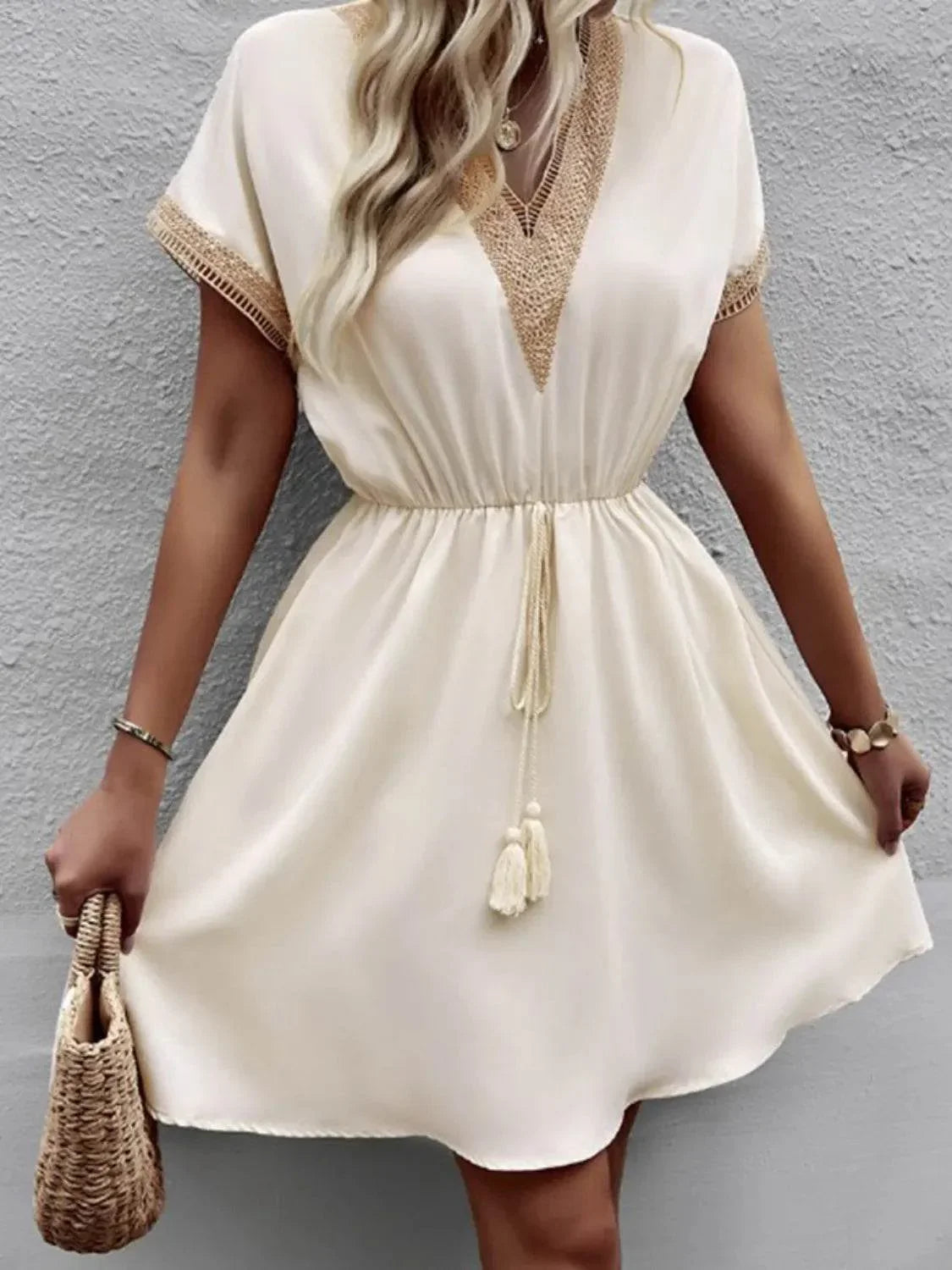 Full Size Tassel V-Neck Short Sleeve Dress Plus Size - Bona Fide Fashion