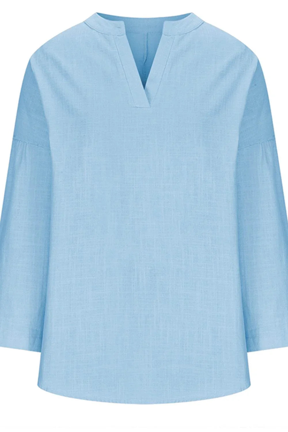 Solid Color Notched Long Sleeve Blouse - Bona Fide Fashion