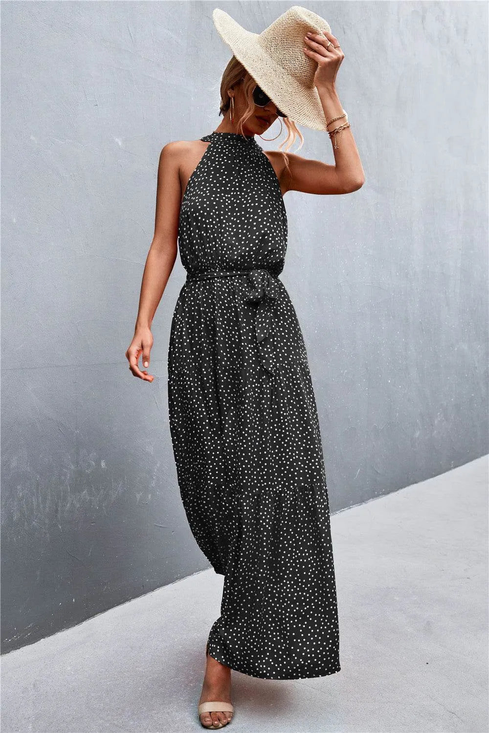 Printed Sleeveless Tie Waist Maxi Dress - Bona Fide Fashion