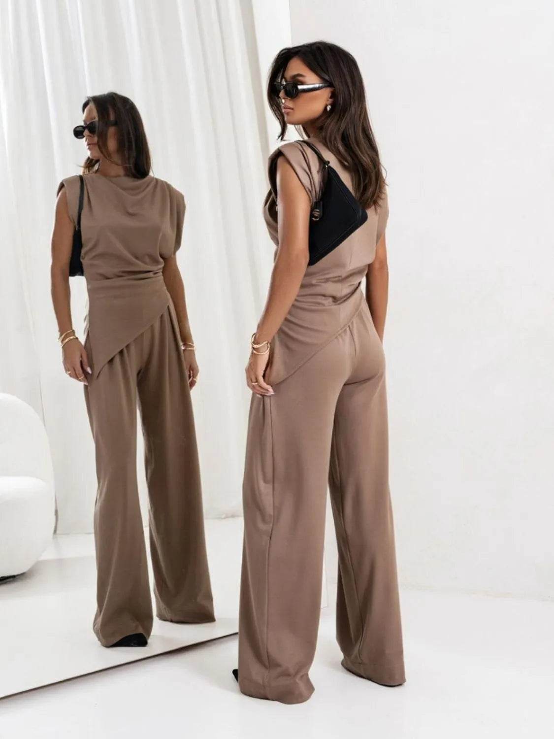 Slit Ruched Top and Wide Leg Pants Set - Bona Fide Fashion