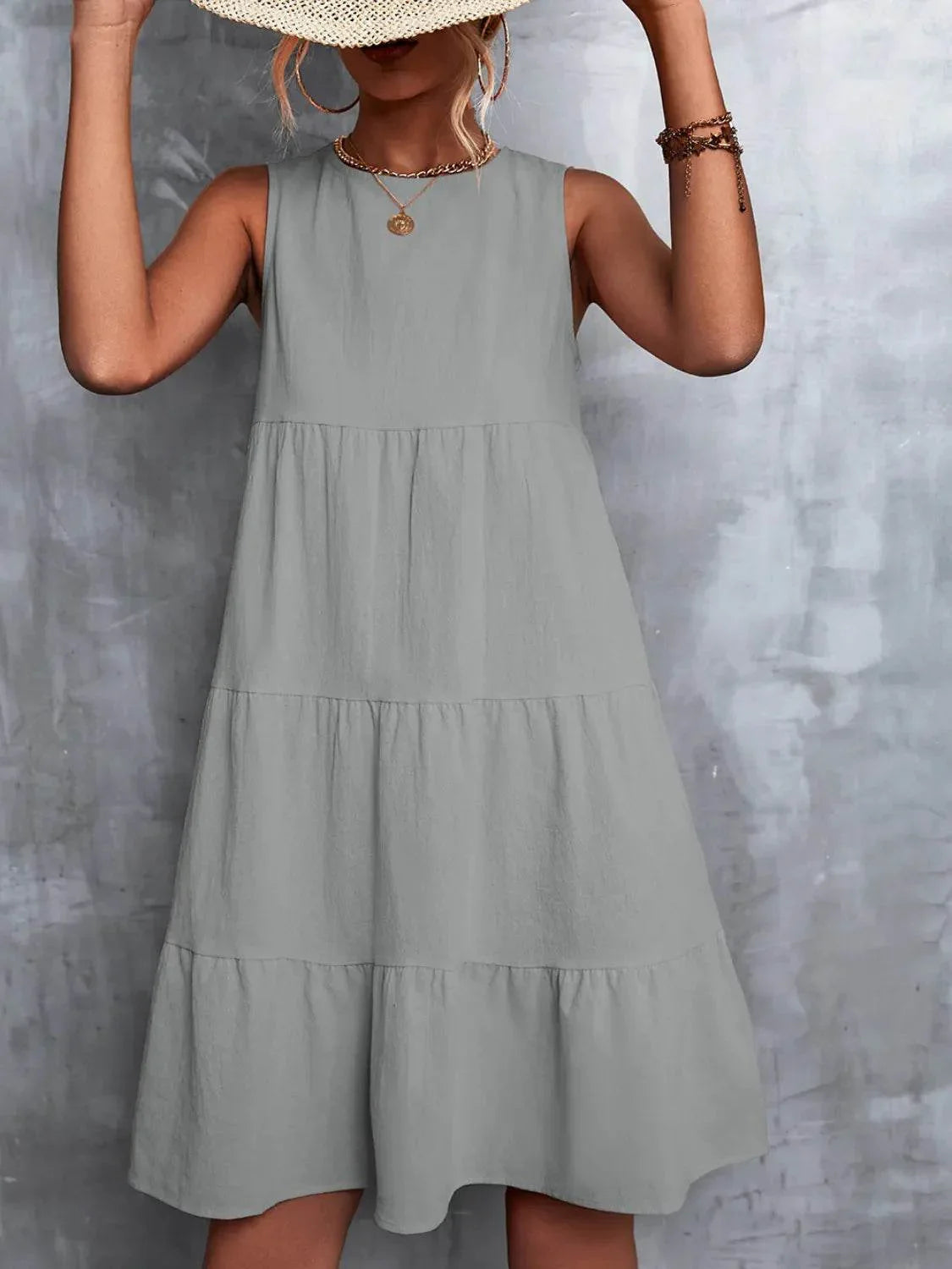 Tiered Round Neck Sleeveless Mini Tank Dress - Bona Fide Fashion