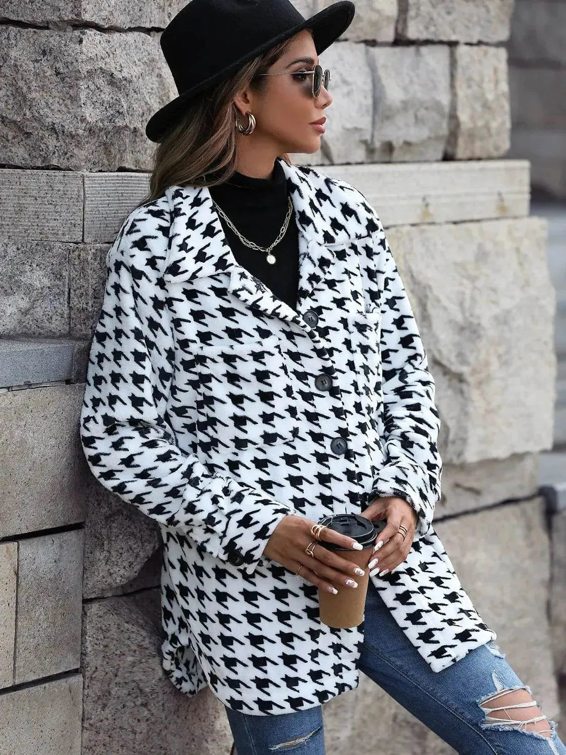 Houndstooth Button Down Jacket - Bona Fide Fashion