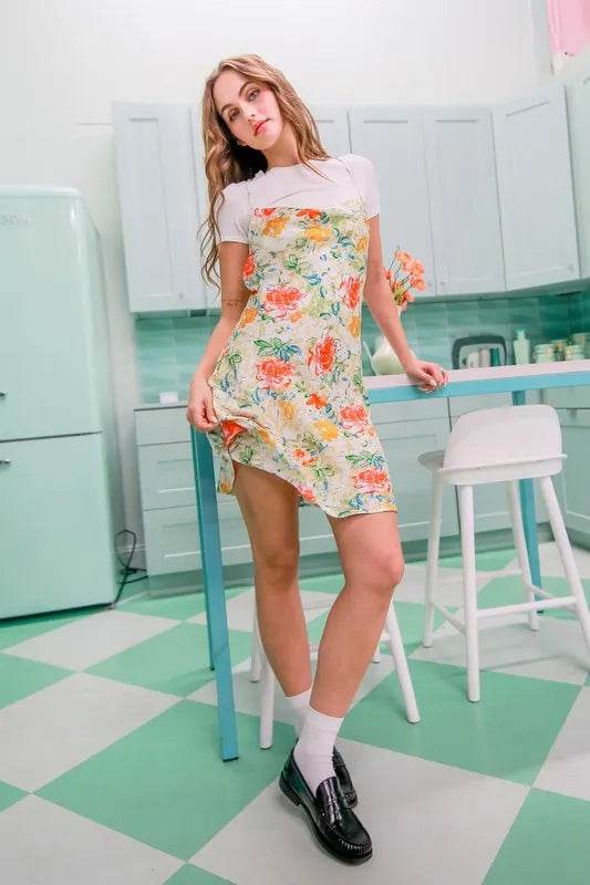 HYFVE Floral Cowl Neck Flirty Satin Mini Dress - Bona Fide Fashion