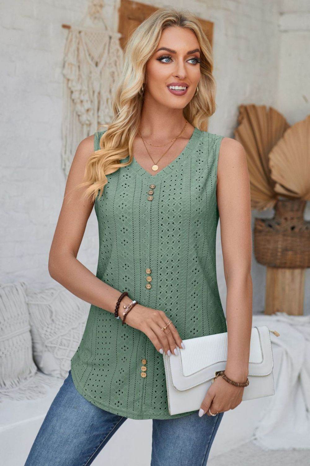 Eyelet Decorative Button V-Neck Tank - Bona Fide Fashion