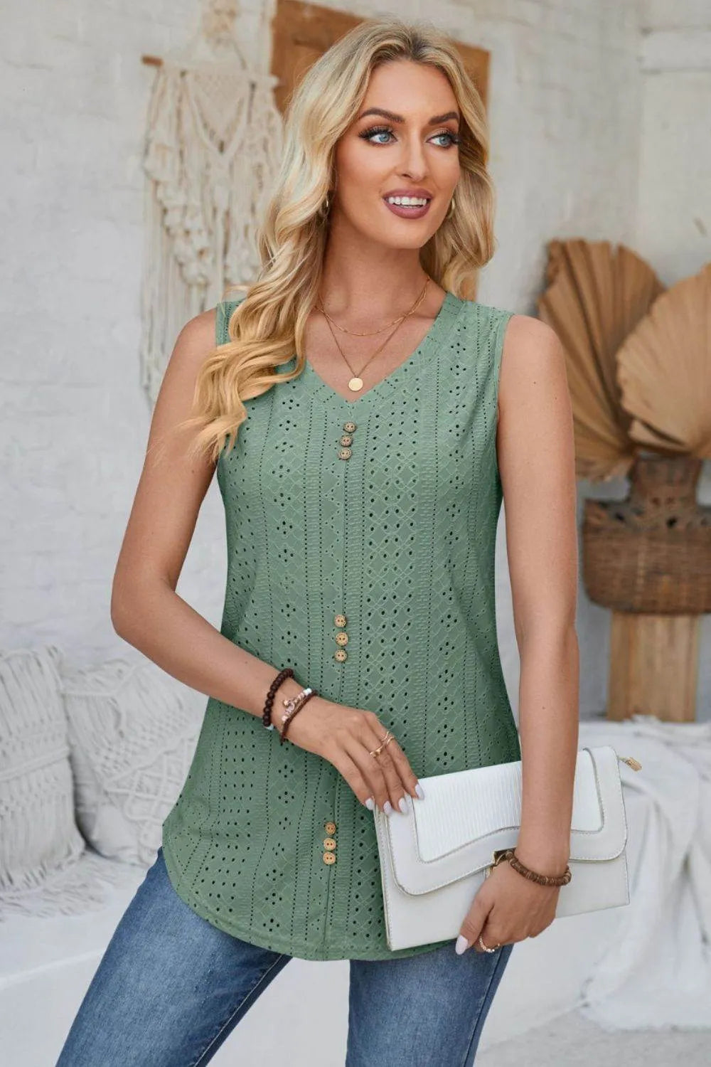 Eyelet Decorative Button V-Neck Tank - Bona Fide Fashion