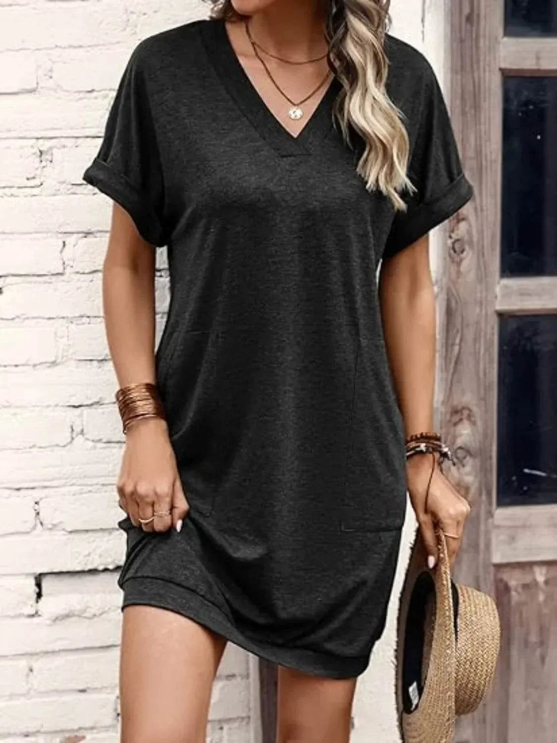 V-Neck Short Sleeve Mini Tee Dress - Bona Fide Fashion
