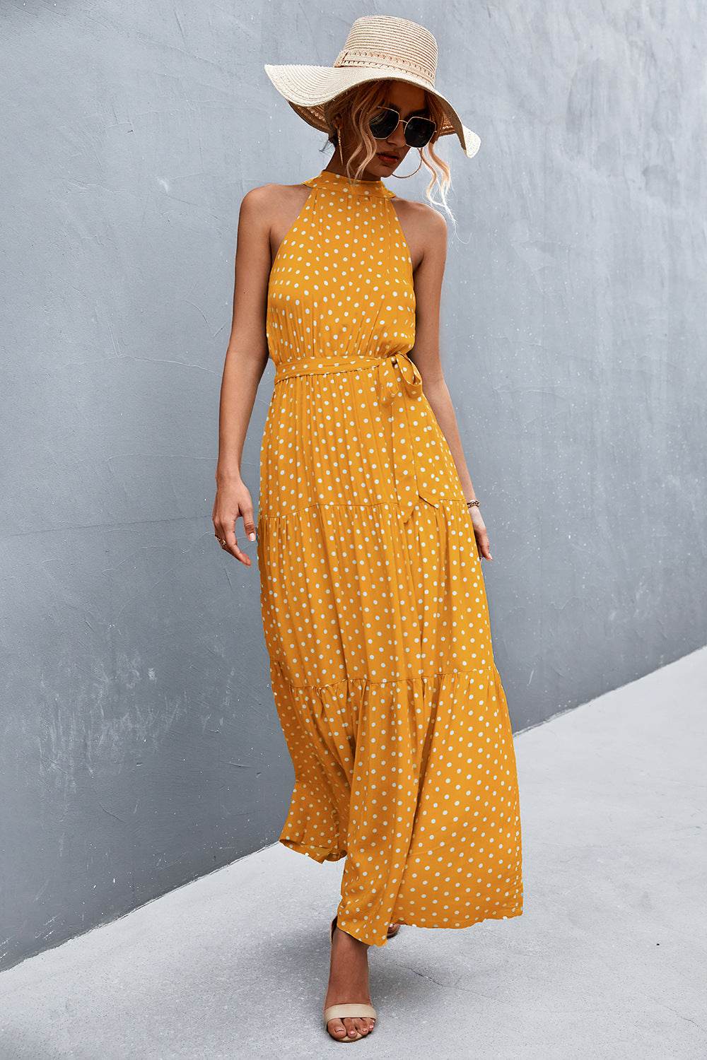 Printed Sleeveless Tie Waist Maxi Dress - Bona Fide Fashion