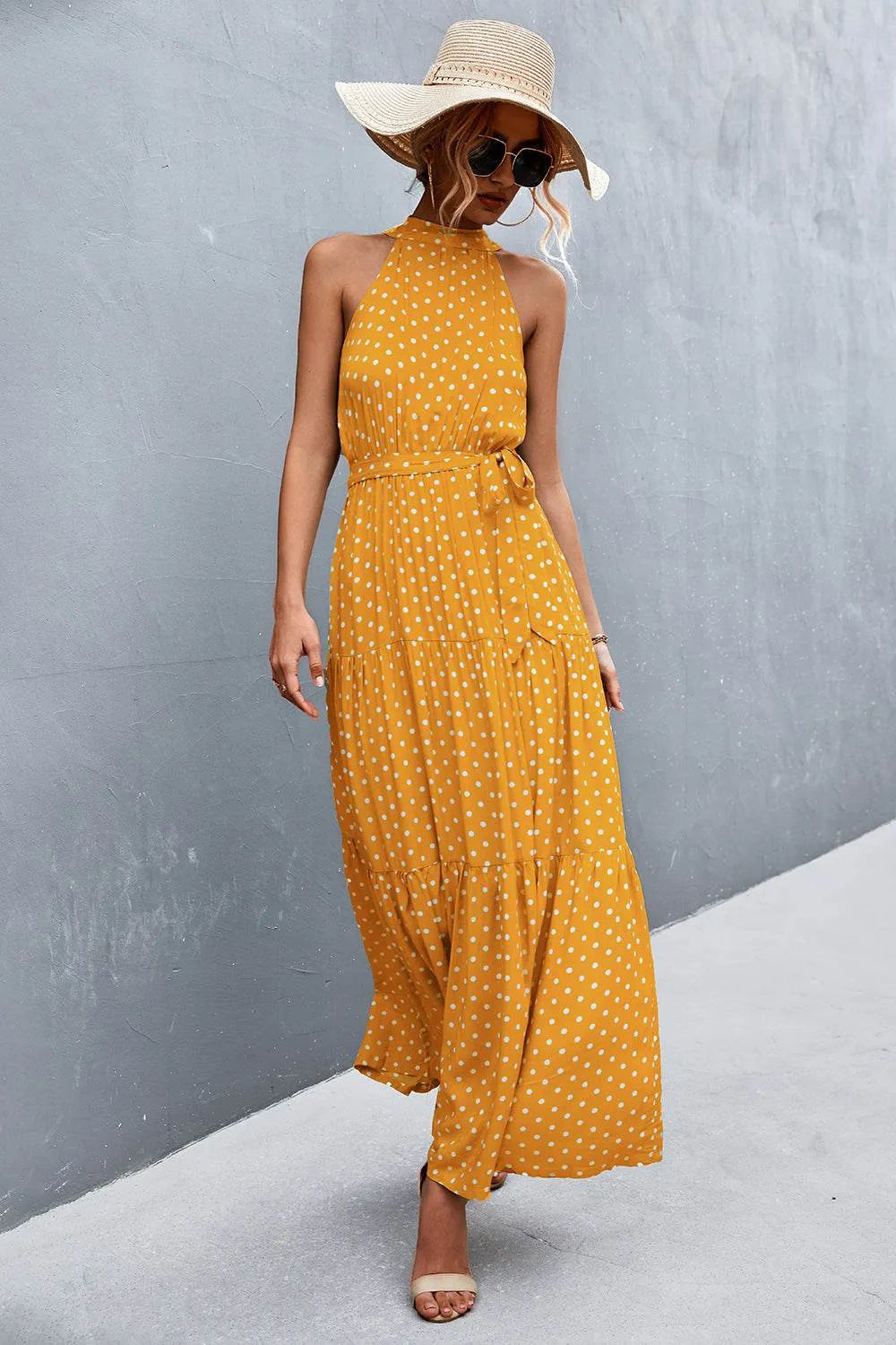 Printed Sleeveless Tie Waist Maxi Dress - Bona Fide Fashion