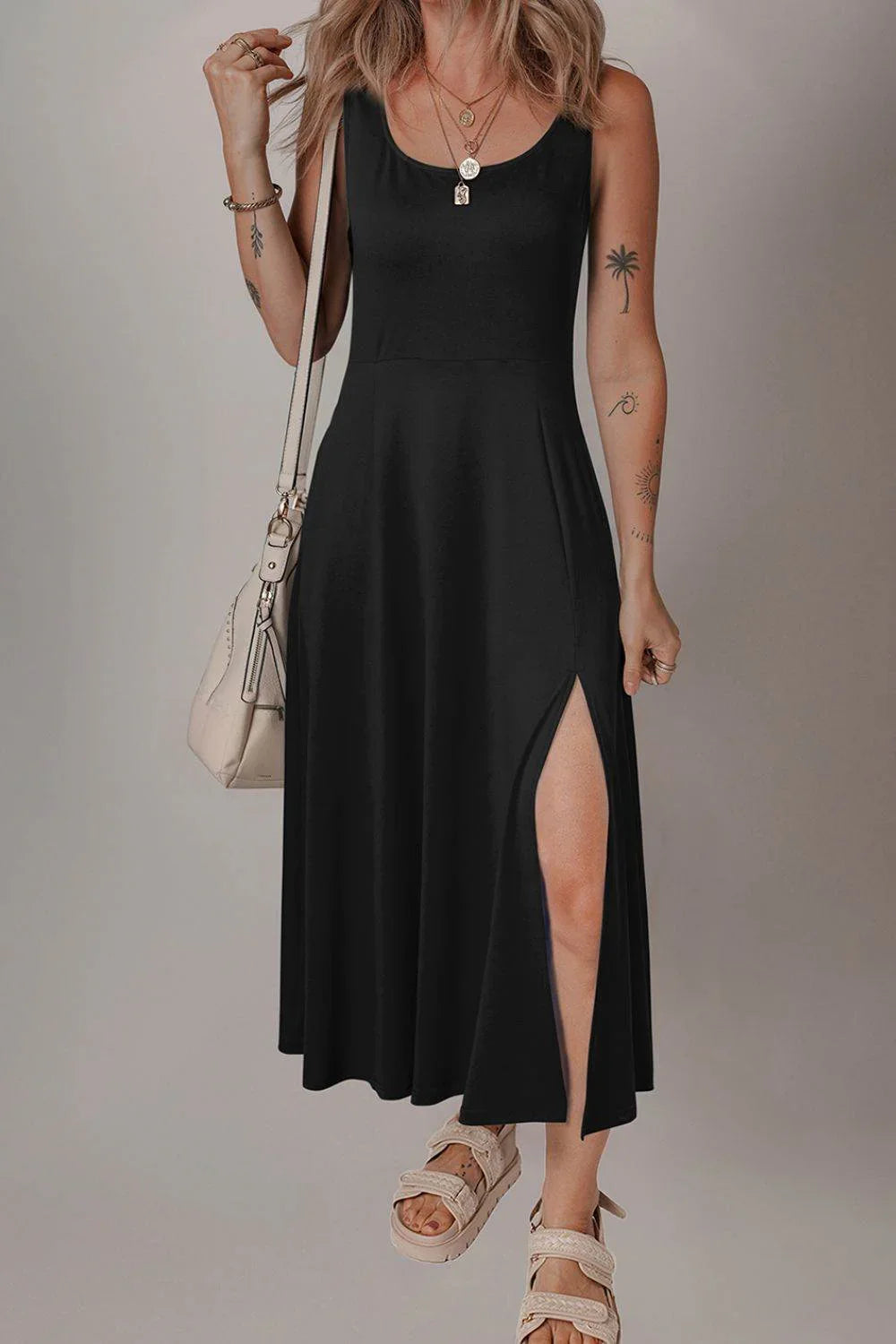 Side Slit Scoop Neck Wide Strap Dress - Bona Fide Fashion