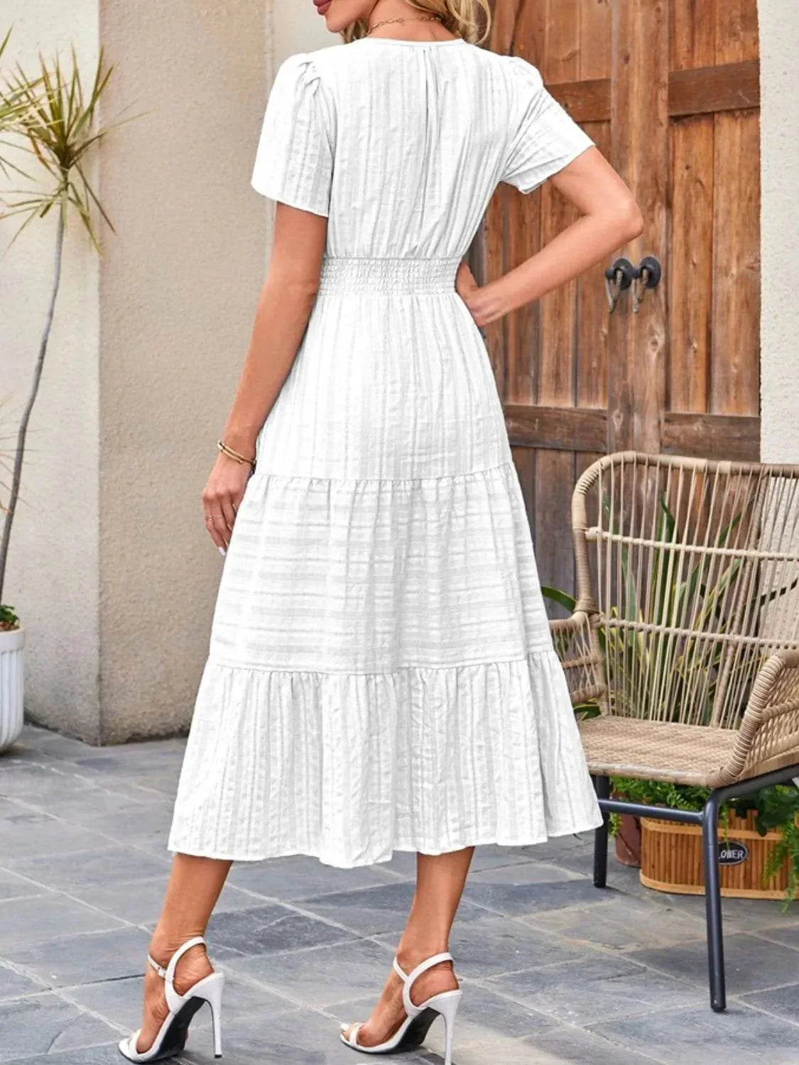 Tiered Notched Short Sleeve Dress - Bona Fide Fashion