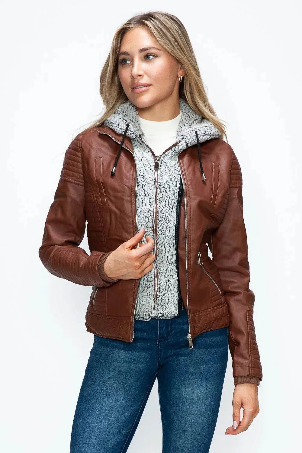 YMI Faux Layered Double-Zipper Jacket with Fuzzy Hood - Bona Fide Fashion