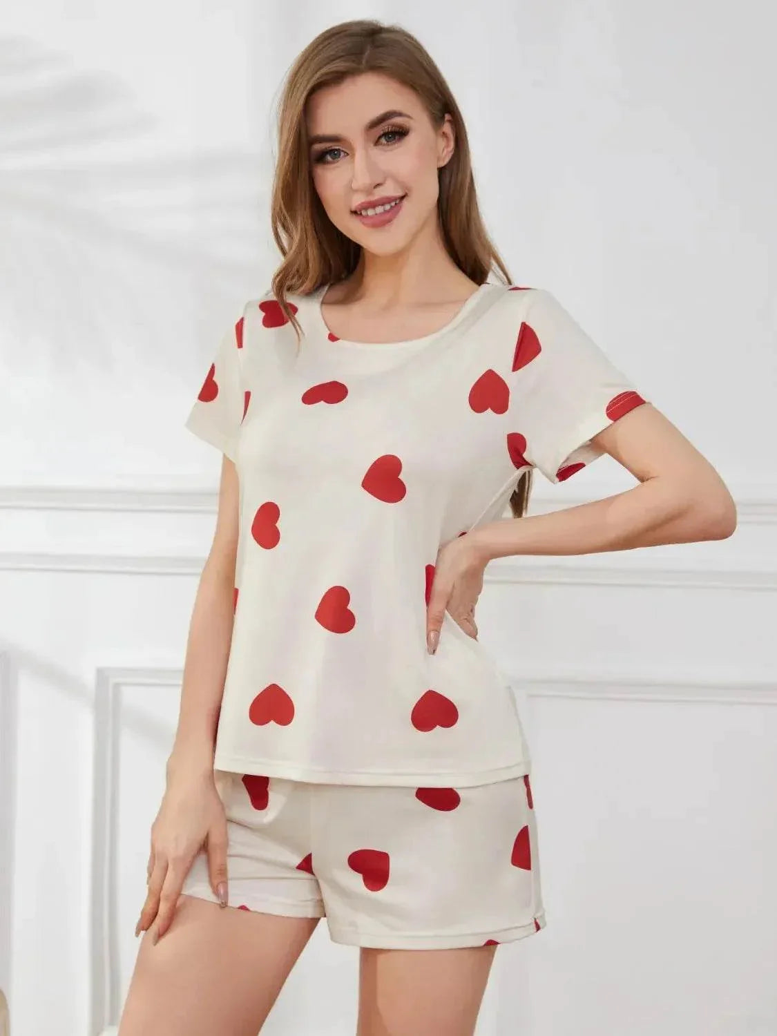 Heart Round Neck and Shorts Lounge Set - Bona Fide Fashion